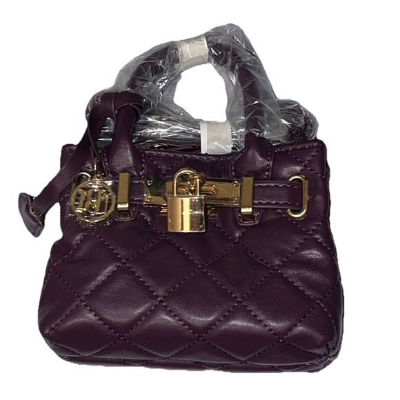 Badgley Mischka Diamond Quilted Mini Tote Crossbody Bag Purple Gold Hardware - Picture 2 of 7